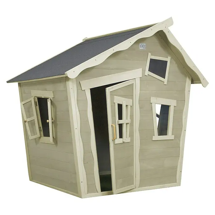 Exit Toys Spielhaus Crooky 100 - L x B x H: 164 x 145 x 171 cm, Holz, Grau/Beige - Holzspielhaus mit grauem Dach, hellen gewellten Wänden, offener Tür und Fenstern für Kinder.
