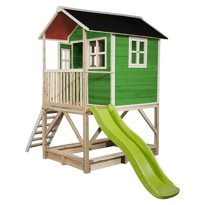 Exit Toys Spielhaus Loft 500 - L x B x H: 329 x 190 x 253 cm, Holz, Grün - Grünes Holzspielhaus auf Stelzen mit Naturholzrahmen, Leiter, leuchtend grüner Rutsche und integriertem Sandkasten.