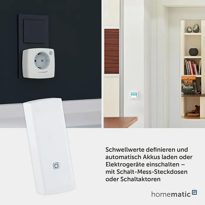 Homematic IP Kontakt-Schnittstelle HmIP-ESI-LED für digitale Stromzähler - Batteriebetrieben - Weiße Homematic IP Schalt-Mess-Steckdosen und Schaltaktoren in einem modernen Zuhause zur Energieverwaltung.