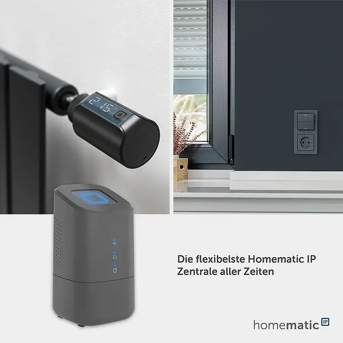Homematic IP Steuerzentrale Home Control Unit HmIP-HCU1 - Anthrazit, L x B x H: 9,6 x 9,6 x 17,3 cm - Schwarzes Smart-Heizkörperthermostat, graue Zentrale und Smart-Schalter/Steckdose am Fenster, zeigt flexibles Homematic IP System.