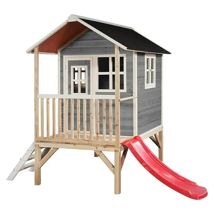Exit Toys Spielhaus Loft 300 - L x B x H: 269 x 190 x 215 cm, Holz, Grau - Graues Holzspielhaus mit weißer Zierleiste, auf Holzstelzen erhöht, mit Leiter und roter Rutsche.
