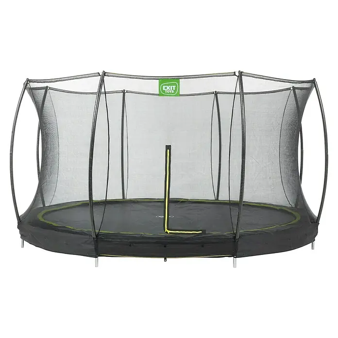 Exit Toys Trampolin Silhouette Bodentrampolin mit Sicherheitsnetz - Durchmesser: 366 cm, Schwarz - Runder schwarzer Trampolin mit grünen Akzenten, Sicherheitsnetz und gelbem Reißverschluss.