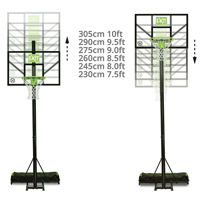 Exit Toys Basketballkorb Comet - 106 x 365 cm, Versetzbar, Grün/Schwarz - Verstellbarer, schwarzer Basketballkorb mit grünem Ring und weißem Netz, zeigt Höhen von 230cm/7.5ft bis 305cm/10ft.