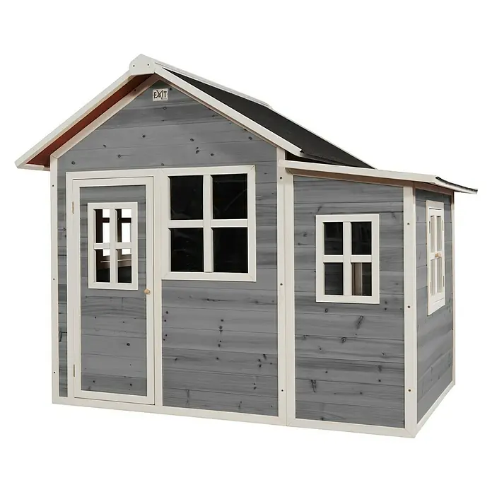 Exit Toys Spielhaus Loft 150 - L x B x H: 188 x 149 x 159 cm, Holz, Grau - Graues Holzspielhaus mit weißer Zierleiste und schwarzem Dach, mit mehreren Fenstern und einer Tür.