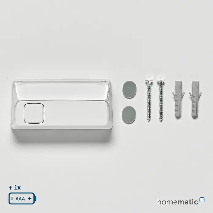 Homematic IP Klingeltaster - Weiß, 9,3 x 12,2 x 3,6 cm, Kunststoff - Weißes Smart-Home-Gerät mit klarer Abdeckung, zwei Klebepads, Schrauben, Dübeln und AAA-Batterieanzeige.