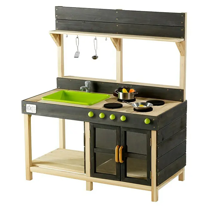 Exit Toys Matschküche Yummy 200 - 55 x 102 x 115 cm, Holz, Natur - Spielküche aus Holz in Dunkelgrau und Naturholz mit grüner Spüle, Herd, Ofen und hängendem Zubehör.