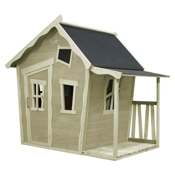 Exit Toys Spielhaus Crooky 150 - L x B x H: 208 x 145 x 171 cm, Holz, Grau/Beige - Verspieltes helles Holzspielhaus mit dunklem Dach und kleiner Seitenveranda.