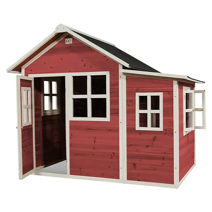 Exit Toys Spielhaus Loft 150 - L x B x H: 188 x 149 x 159 cm, Holz, Rot - Rotes Holzspielhaus mit weißer Zierleiste, schwarzem Dach, offener Tür und zu öffnenden Fenstern.