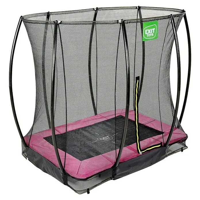 Exit Toys Trampolin Silhouette Bodentrampolin mit Sicherheitsnetz - Rosa, 214 x 153 x 205 cm - Rechteckiges Trampolin mit schwarzer Sprungmatte, pinker Polsterung und schwarzem Sicherheitsnetz mit gelbem Reißverschluss.