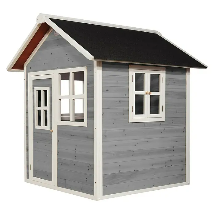 Exit Toys Spielhaus Loft 100 - L x B x H: 149 x 135 x 159 cm, Holz, Grau - Graues Holzspielhaus mit weißem Rahmen und schwarzem Dach, mit Fenstern und kleiner Tür.