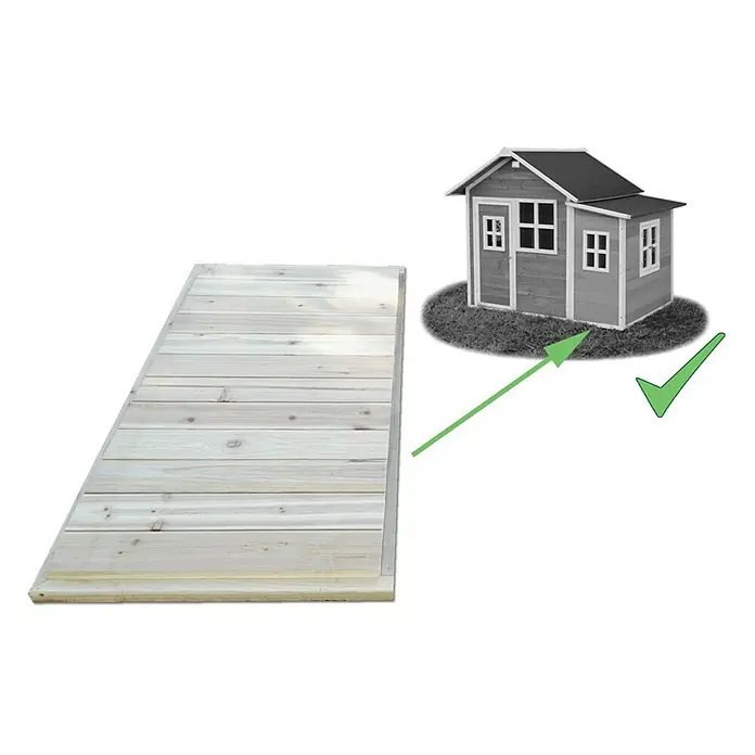 Exit Toys Spielhaus Bodenteil Anbau Loft 150 - L x B x H: 117 x 59 x 3 cm, Holz, Natur - Helle Holzrampe, konzipiert für ein Spielhaus. Neben einem grauen Spielhaus dargestellt.