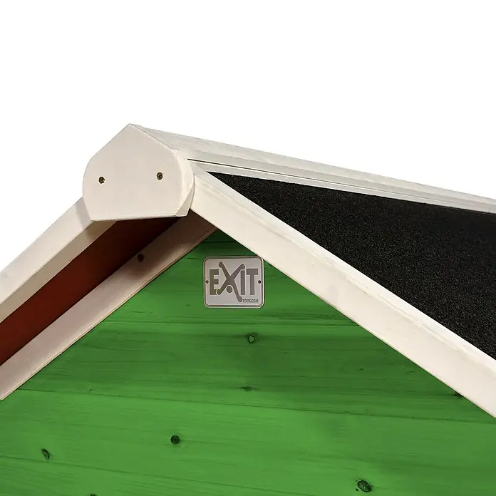 Exit Toys Spielhaus Loft 100 - L x B x H: 149 x 135 x 159 cm, Holz, Grün - Grünes Holzdach eines Spielhauses mit weißer Verkleidung und schwarzem Dachmaterial, inklusive "EXIT TOYS" Logo.