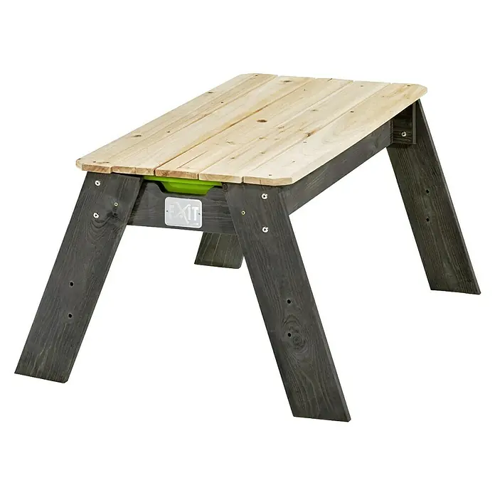 Exit Toys Kindertisch Aksent Sand- und Wassertisch - L x B x H: 94 x 69 x 50 cm, Holz, Grau, Ohne Sonnenschirm und Gartenwerkzeuge - Hölzerner Kindertisch mit heller Platte, dunkelgrauen Beinen und einer grünen integrierten Wanne.