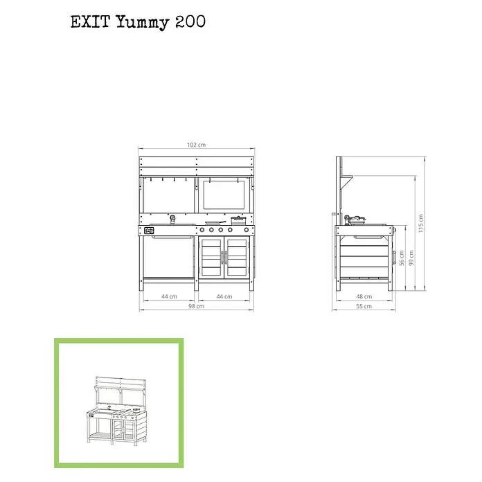 Exit Toys Matschküche Yummy 200 - 55 x 102 x 115 cm, Holz, Natur - Schematische Zeichnung einer hölzernen Kinder-Spielküche, EXIT Yummy 200, mit Spüle, Herd, Ofen und Stauraum, inklusive Maßen.