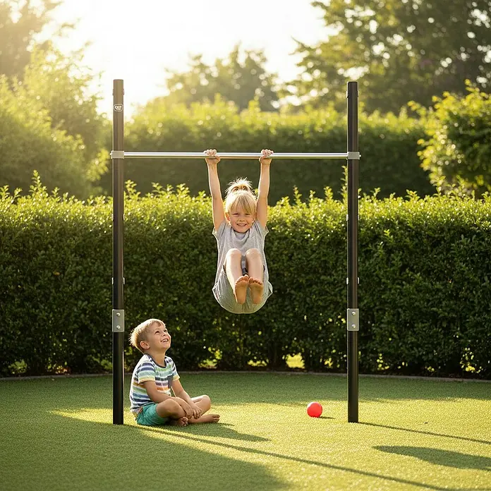 Exit Toys Turnstange Ivy - B x H: 115 x 154 cm, Einzel, Stahl - Schwarze und silberne Reckstange für Kinder. Ein Kind hängt an der Stange, ein anderes sitzt unten und demonstriert aktives Outdoor-Spiel.