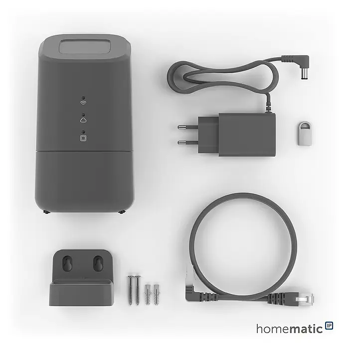 Homematic IP Steuerzentrale Home Control Unit HmIP-HCU1 - Anthrazit, L x B x H: 9,6 x 9,6 x 17,3 cm - Graues Homematic IP Smart-Home-Gateway mit Netzteil, Ethernet-Kabel, Wandhalterung, Schrauben und USB-Dongle. Komplettset für Hausautomation.
