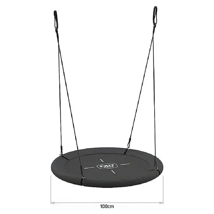 Exit Toys Nestschaukel - Durchmesser: 100 cm, Metall, Schwarz/Grau - Runde, schwarze Tellerschaukel mit weißem 'EXIT TOYS' Logo, an schwarzen Seilen aufgehängt. 100cm Durchmesser Outdoor-Schaukel.