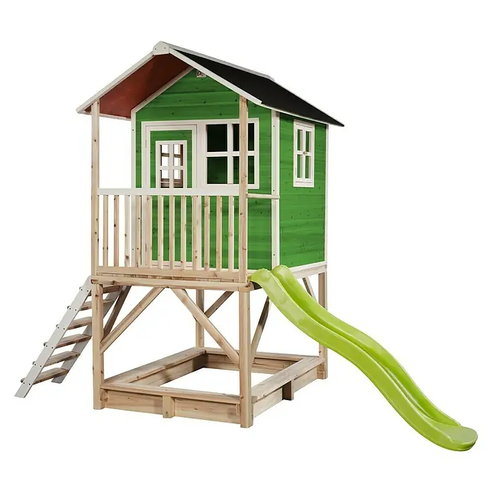 Exit Toys Spielhaus Loft 500 - L x B x H: 329 x 190 x 253 cm, Holz, Grün - Grünes Holz-Spielhaus mit Naturholzrahmen, erhöhter Plattform, Sandkasten, Leiter und grüner Rutsche.