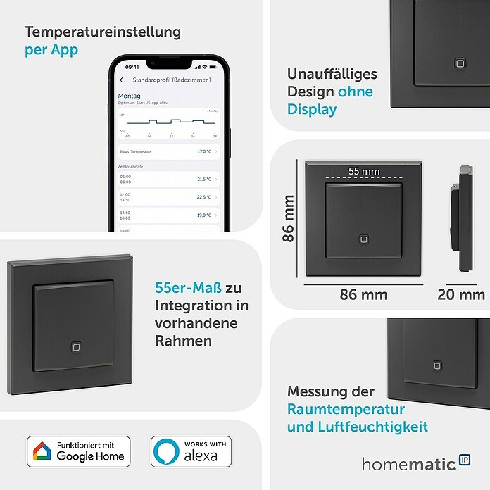 Homematic IP Funk-Temperatursensor HmIP-STH-A (Anthrazit, 20 x 86 x 86 mm, Batteriebetrieben) | BAUHAUS