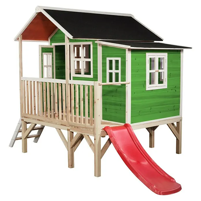 Exit Toys Spielhaus Loft 350 - L x B x H: 322 x 190 x 215 cm, Holz, Grün - Grünes Holz-Spielhaus auf Stelzen mit Naturholzrahmen, weißen Akzenten, schwarzem Dach und roter Rutsche.