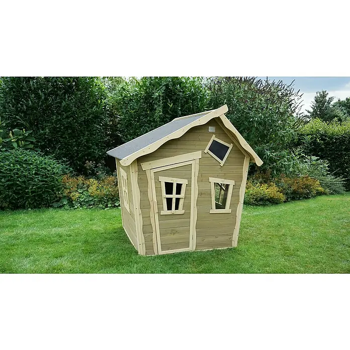 Exit Toys Spielhaus Crooky 100 - L x B x H: 164 x 145 x 171 cm, Holz, Grau/Beige - Verspieltes Holzspielhaus mit dunklem Dach und unregelmäßigen Fenstern.