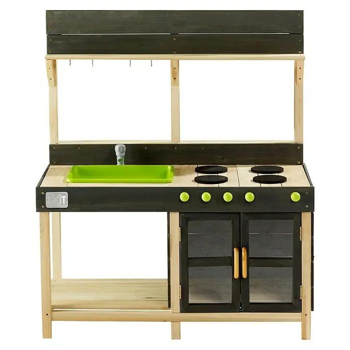 Exit Toys Matschküche Yummy 200 - 55 x 102 x 115 cm, Holz, Natur - Hölzerne Spielküche mit dunkelgrauen und naturfarbenen Akzenten, inklusive grüner Spüle, Herd und Backofen.