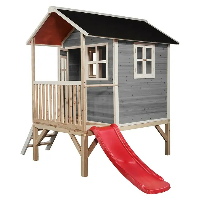 Exit Toys Spielhaus Loft 300 - L x B x H: 269 x 190 x 215 cm, Holz, Grau - Holzspielhaus mit grauem Häuschen, Naturholzpfählen, Geländer, Leiter und roter Rutsche.