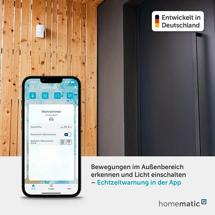 Homematic IP Bewegungsmelder mit Schaltaktor - Weiß, 1.150 W - Homematic IP Smart-Home-App auf Telefon steuert Bewegungserkennung und Beleuchtung, bietet Echtzeitwarnungen.