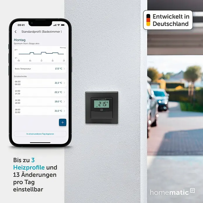 Homematic IP Funk-Temperatursensor HmIP-STHD-A - Anthrazit, L x B x H: 20 x 86 x 86 mm, Batteriebetrieben, IP20 - Schwarzer Homematic IP Smart-Thermostat an weißer Wand, zeigt 21,5°C. Ein Smartphone-Bildschirm zeigt den programmierbaren Heizplan.