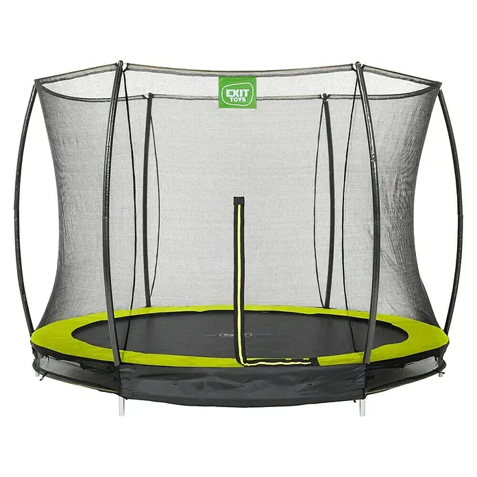 Exit Toys Trampolin Silhouette Bodentrampolin mit Sicherheitsnetz - Durchmesser: 305 cm, Grün - Schwarzes Trampolin mit grüner Polsterung, Sicherheitsnetz und Reißverschluss-Eingang.