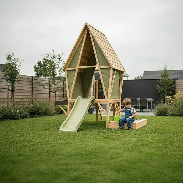 Exit Toys Sandkasten Erweiterung für Spielhaus - 90 x 59 x 14 cm, Holz, Natur - Spielhaus aus Holz mit grünen Stoffpaneelen, hellgrüner Rutsche und integriertem Sandkasten, Kind spielt im Garten.