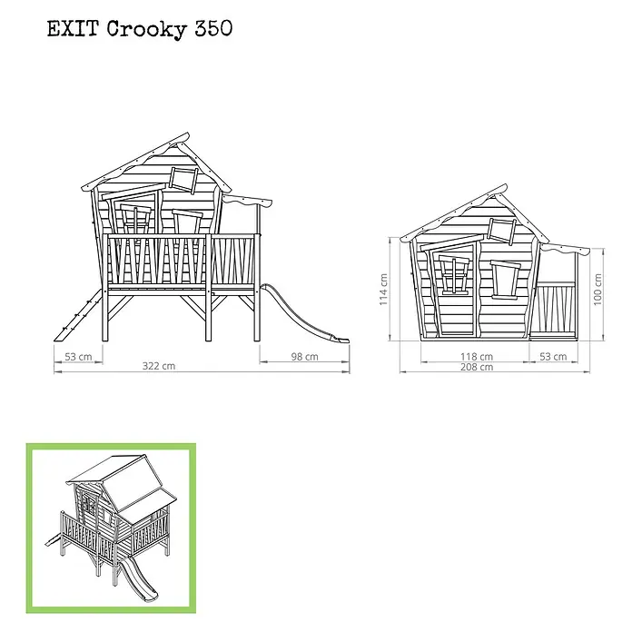 Exit Toys Spielhaus Crooky 350 - L x B x H: 322 x 184 x 227 cm, Holz, Grau/Beige - EXIT Crooky 350 Stelzenhaus mit schrägem Holzdesign, Balkon und Rutsche für Kinder.