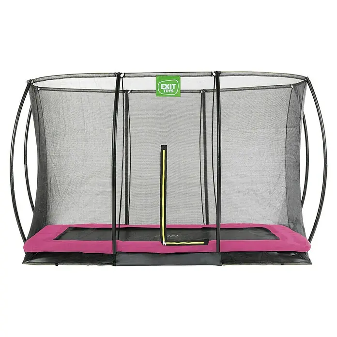 Exit Toys Trampolin Silhouette Bodentrampolin mit Sicherheitsnetz - Rosa, 366 x 244 x 203 cm - Rechteckiges Trampolin mit schwarzer Sprungmatte, pinker Umrandung und Sicherheitsnetz mit gelbem Reißverschluss.