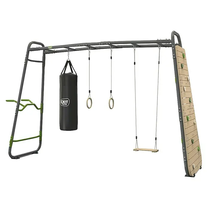 Exit Toys Klettergerüst GetSet Monkeybar MB320 - 400 x 125 x 248 cm, Stahl, Grau - Graues Metall-Klettergerüst mit schwarzem Boxsack, Turnringen, Holzschaukel, grünem Dip-Bar und Kletterwand.