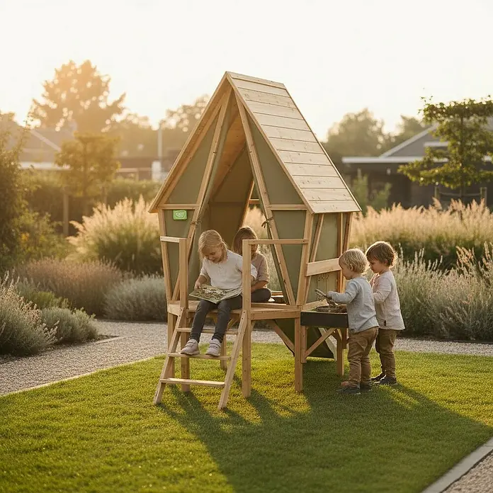 Exit Toys Spielhaus Yuki 350 - L x B x H: 256 x 148 x 219 cm, Holz, Natur/Grün - Holzspielhaus mit grünen Stoffwänden und Dach, Kinder spielen, lesen und nutzen die Matschküche.
