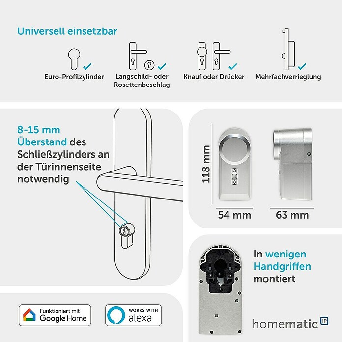 Homematic IP Funk-Türschlossantrieb HmIP-DLD-S (Silber, Batteriebetrieben, 36 x 56 x 118 mm) | BAUHAUS