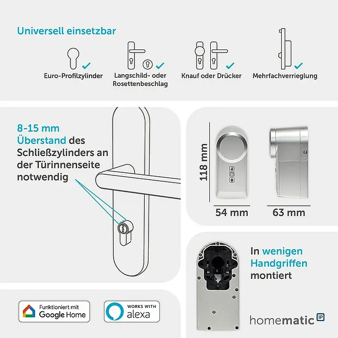 Homematic IP Funk-Türschlossantrieb HmIP-DLD-S - Silber, Batteriebetrieben, 36 x 56 x 118 mm - Silbernes Smart-Türschloss, 118x54x63mm. Kompatibel mit Euro-Profilzylindern (8-15mm Überstand nötig) & Türgriffen. Einfache Montage, funktioniert mit Google Home/Alexa.