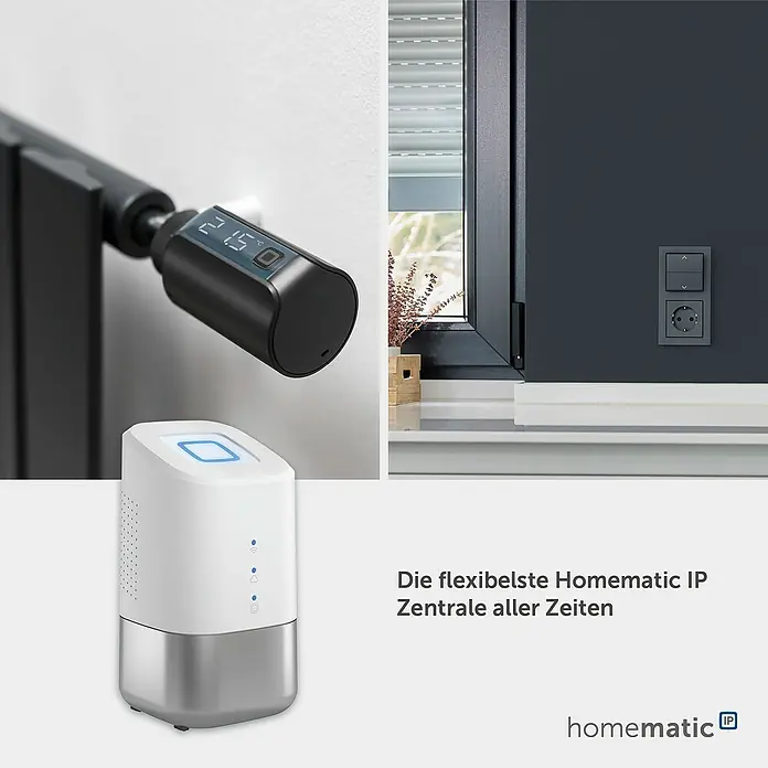 Homematic IP Steuerzentrale Home Control Unit HmIP-HCU1 - Weiß, L x B x H: 9,6 x 9,6 x 17,3 cm - Homematic IP Smart Home Geräte: eine weiß-silberne Zentrale, ein schwarzer Heizkörperthermostat (21.5°C) und dunkelgraue Wandschalter für Jalousien und Strom.