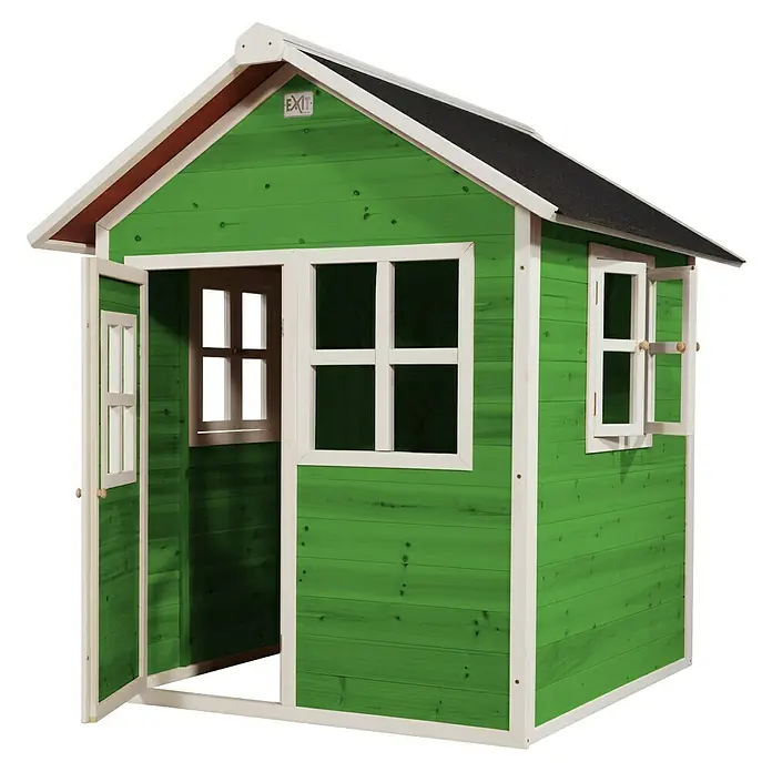 Exit Toys Spielhaus Loft 100 - L x B x H: 149 x 135 x 159 cm, Holz, Grün - Grünes Holz-Spielhaus mit schwarzem Dach, weißen Verkleidungen, offener Tür und Fenstern.