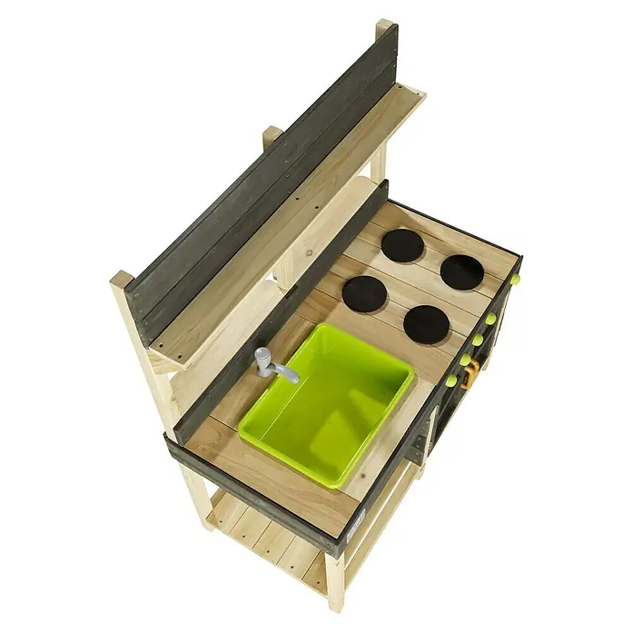 Exit Toys Matschküche Yummy 200 - 55 x 102 x 115 cm, Holz, Natur - Hölzerne Spielküche für Kinder in Natur- und Dunkelgrau, mit grünem Spülbecken, grauem Wasserhahn, schwarzen Herdplatten und lindgrünen Knöpfen.