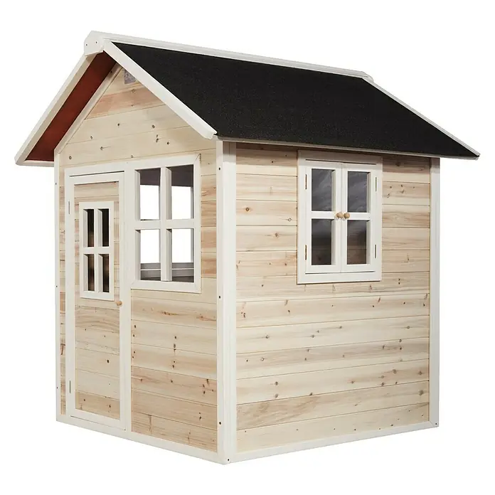 Exit Toys Spielhaus Loft 100 - L x B x H: 149 x 135 x 159 cm, Holz, Natur - Helles Holzspielhaus mit weißem Rahmen, schwarzem Dach, Tür und Fenstern.