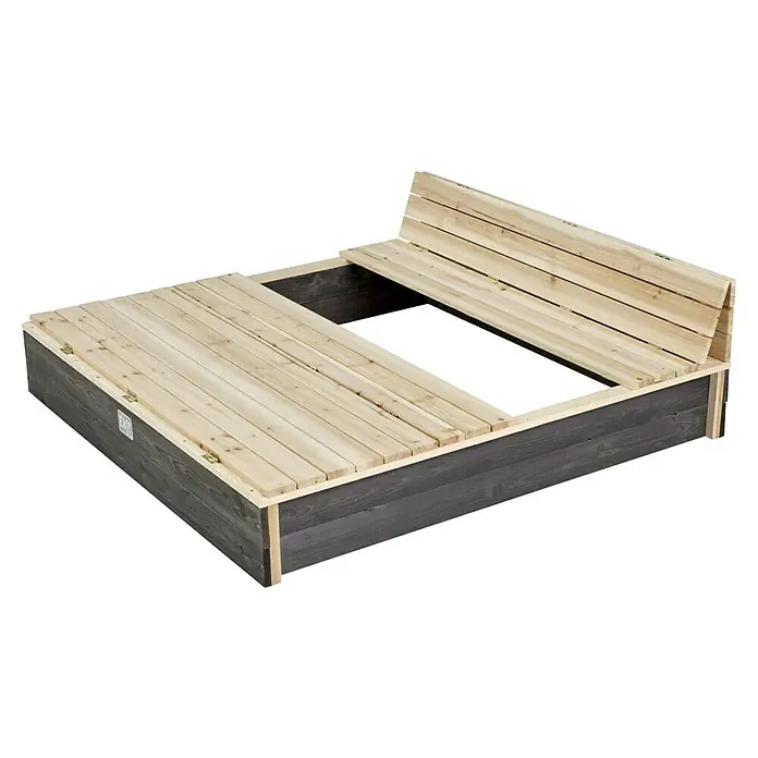 Exit Toys Sandkasten Aksent Sitzbank - 136 x 132 x 20 cm, Holz, Grau - Hölzerner Sandkasten mit grau gebeiztem Unterteil und naturfarbenen Holzbrettern, die sich zu einer Bank und Abdeckung umwandeln lassen.