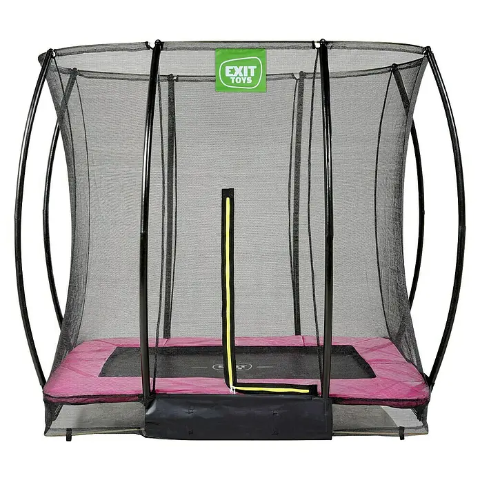 Exit Toys Trampolin Silhouette Bodentrampolin mit Sicherheitsnetz - Rosa, 214 x 153 x 205 cm - Rechteckiges Trampolin mit schwarzem Sicherheitsnetz, rosa Schutzpolsterung und gelbem Reißverschluss.