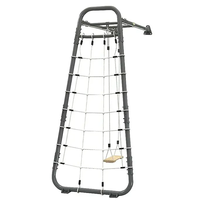 Exit Toys Schaukel GetSet Monkeybar MB110 - 173 x 115 x 248 cm, Stahl, Grau - Graues Klettergerüst aus Metall mit weißem Seilnetz und kleiner Holzschaukel.