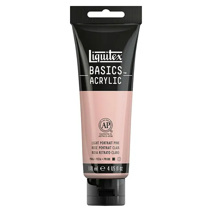 Liquitex Basics Acrylfarbe - Portraitrosa, 118 ml - Eine Tube Liquitex Basics Acrylfarbe in der Farbe "Light Portrait Pink", ideal für Kunstprojekte und kreative Anwendungen.