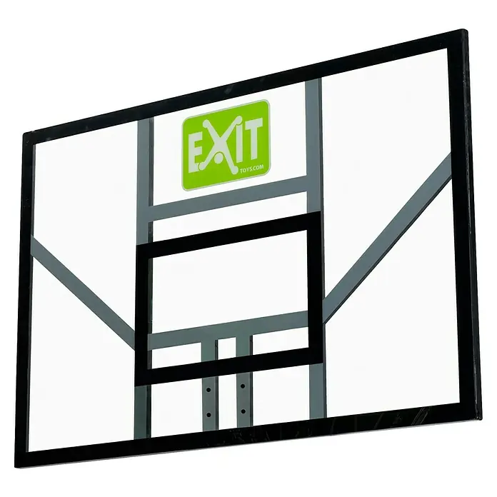 Exit Toys Basketball Brett Galaxy - 116 x 77 cm, Kunststoff - Transparentes Basketball-Backboard mit schwarzem Rahmen, grauen Stützen und grünem 'EXIT TOYS.COM' Logo.