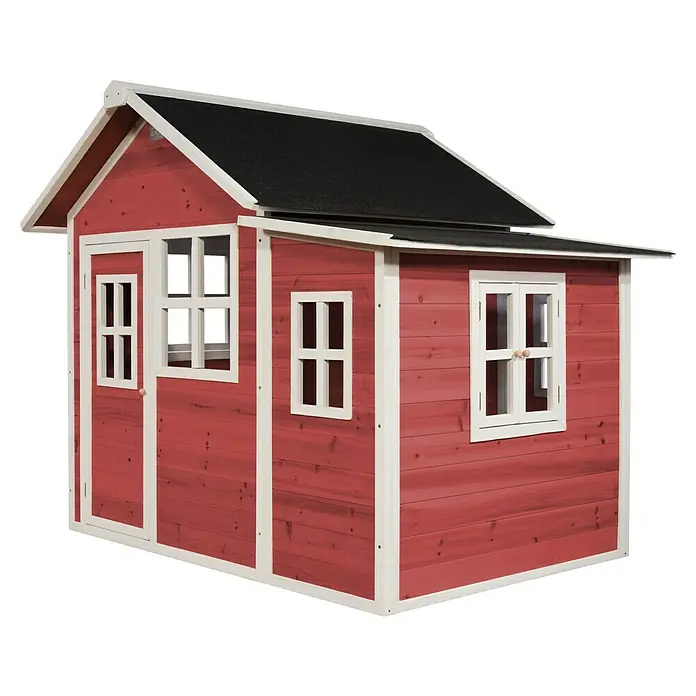 Exit Toys Spielhaus Loft 150 - L x B x H: 188 x 149 x 159 cm, Holz, Rot - Rotes und weißes Holzspielhaus mit schwarzem Dach und mehreren Fenstern.