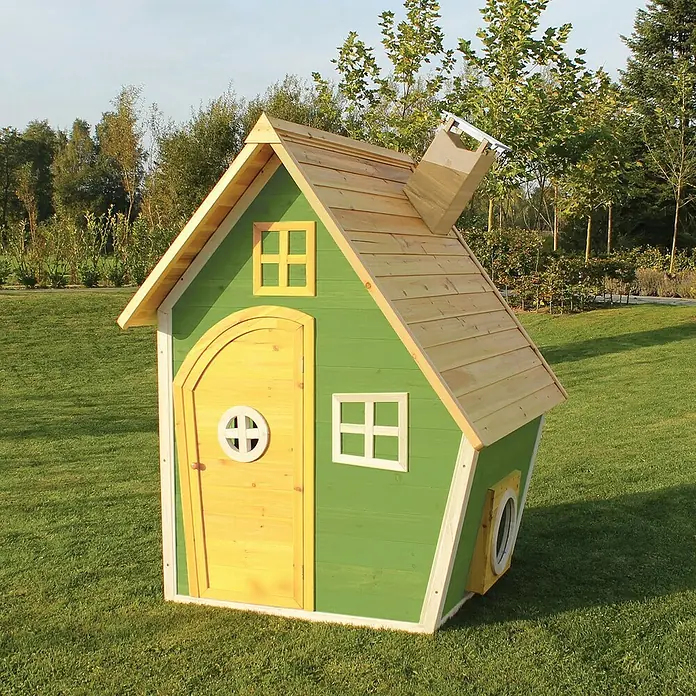 Exit Toys Spielhaus Fantasia 100 - L x B x H: 128 x 108 x 171 cm, Holz, Grün - Buntes Holzspielhaus mit grünen Wänden, Naturholz-Dach und -Tür, sowie weißen Fensterrahmen.