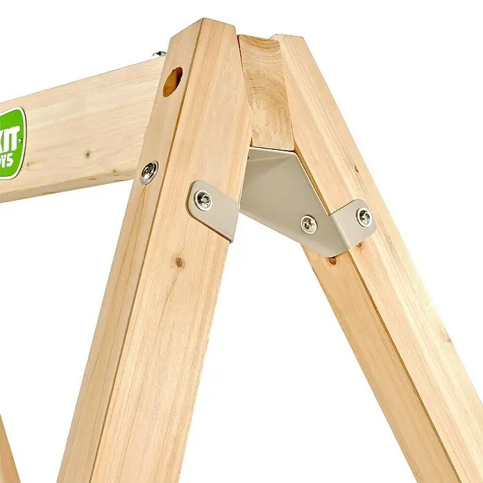 Exit Toys Schaukel Silvi Wall - B x L: 192 x 146 cm, Holz - Eckverbindung eines Spielgerüsts aus Naturholz, mit grauer Metallhalterung und Sechskantschrauben.
