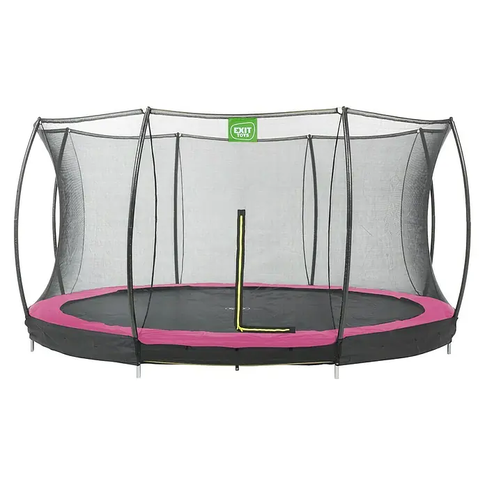 Exit Toys Trampolin Silhouette Bodentrampolin mit Sicherheitsnetz - Durchmesser: 427 cm, Rosa - Trampolin mit schwarzer Sprungmatte, pinker Sicherheitsabdeckung und schwarzem Sicherheitsnetz mit gelbem Reißverschluss. EXIT TOYS Logo.